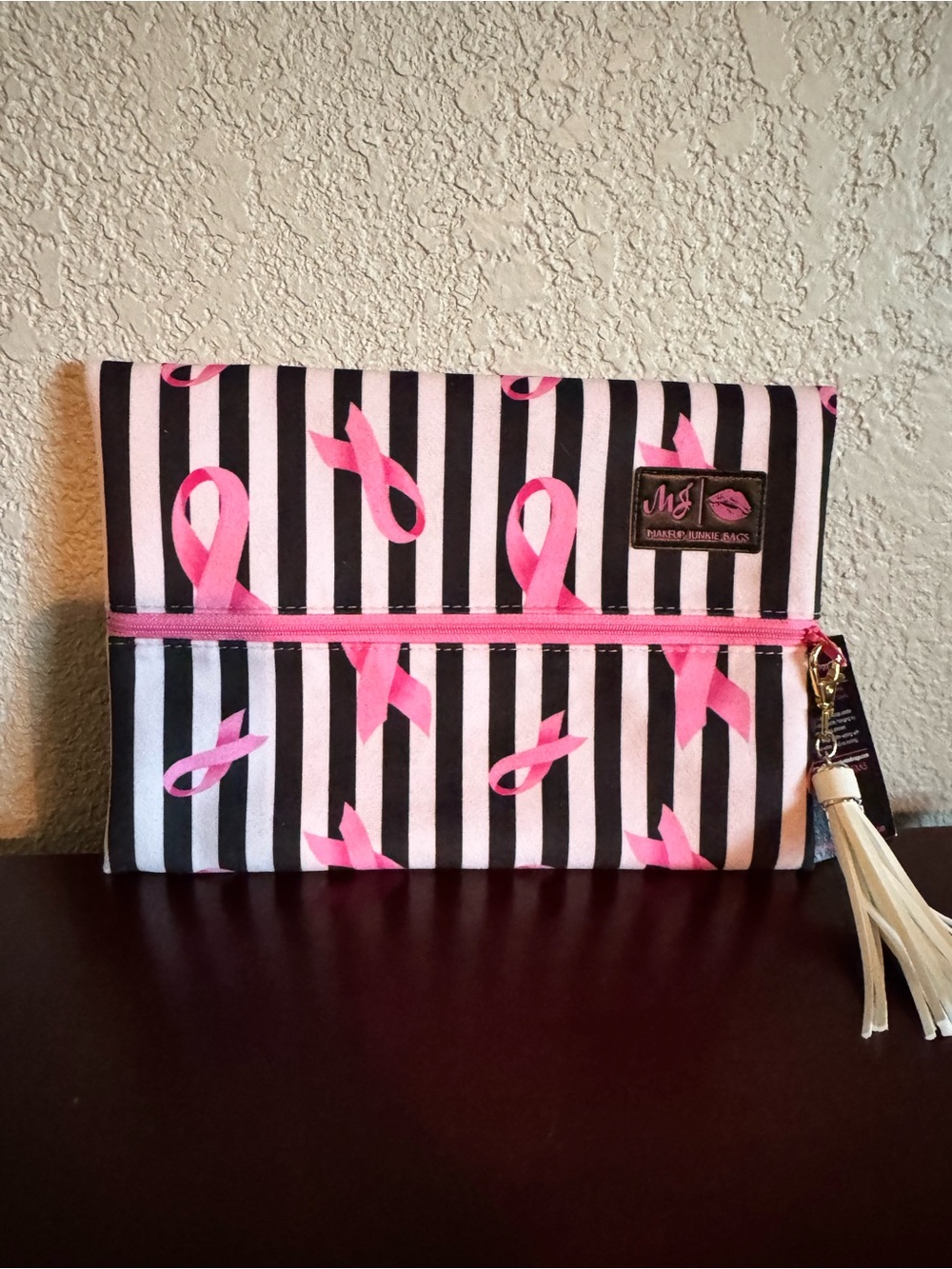 Makeup Junkie Medium Pink Ribbon Stripe layflat bag